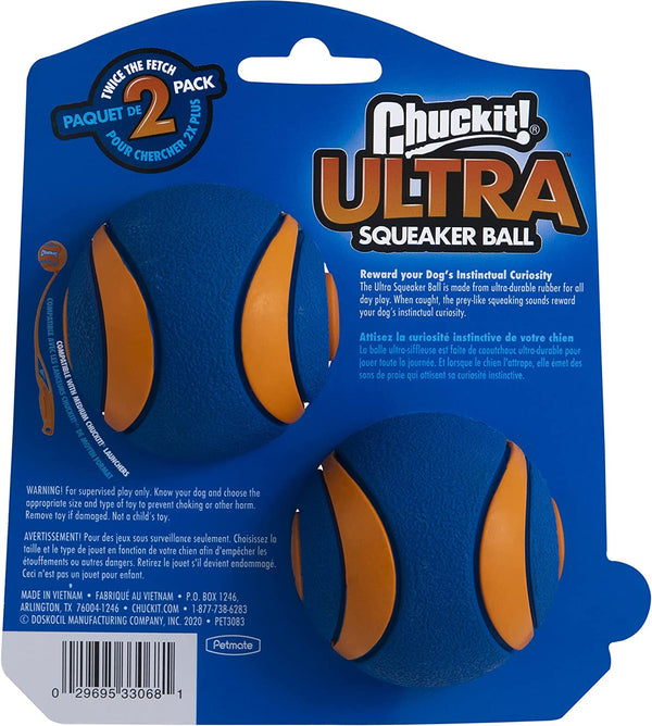 Chuckit Ultra Squeaker Ball Dog Toy, Medium (2.5 Inch) 2 Pack, for Medium Breeds