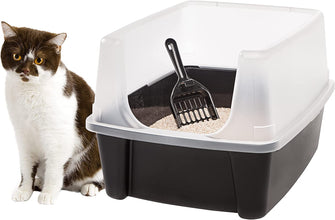 USA Large Cat Litter Box with Scatter Shield and Scoop, Open Top High Sided Cat Litter Pan, Black