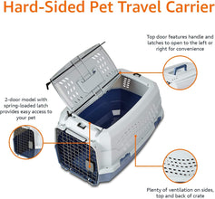 - 2-Door Top-Load Hard-Sided Dogs, Cats Pet Travel Carrier, Gray & Blue, 22.8