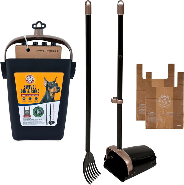 Pooper Scooper Swivel Bin & Rake Dog Poop Scooper, Black (2 Scented Waste Bags Included)