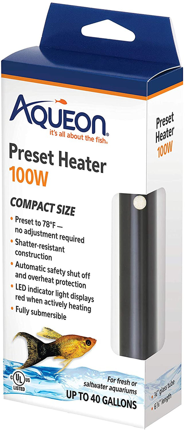 Aquarium Fish Tank Preset Heater for up to 40 Gallons, 100 Watts