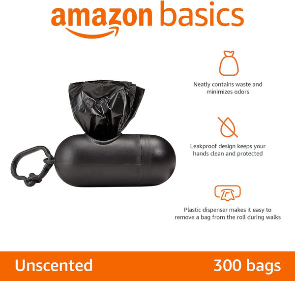 Dog Poop Leak Proof Bags with Dispenser and Leash Clip, Unscented, 300 Count, 20 Pack of 15, Black, 13 Inch X 9 Inch