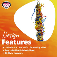 Super Bird Creations SB779 Fiesta Millet Holder Foraging Toy - Handcrafted Bird Toys with Curly Palm Spring & Crinkle Paper, Foraging Toys for Small to Medium Birds, Perfect Cockatiel Toys, 9