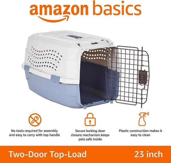 - 2-Door Top-Load Hard-Sided Dogs, Cats Pet Travel Carrier, Gray & Blue, 22.8"L X 15.0"W X 13.0"H