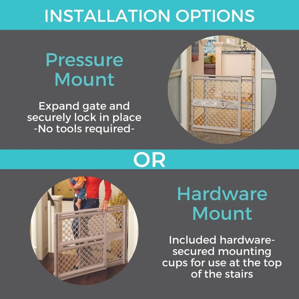 Supergate Ergo Child Gate, Baby Gate for Stairs and Doorways. Includes Wall Cups. Pressure or Hardware Mount. Made in USA. (26" Tall, Sand)