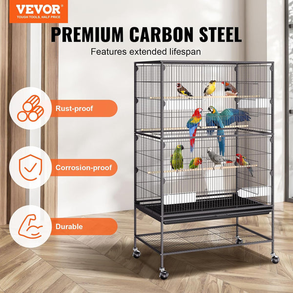 52 Inch Standing Large Bird Cage, Wrought Iron Flight Bird Cage with Rolling Stand and Slide Out Tray, Parakeet Cage Bird Cage for Parrots, Macaw, Cockatiels, Canary, Finch, Lovebirds, Pigeons