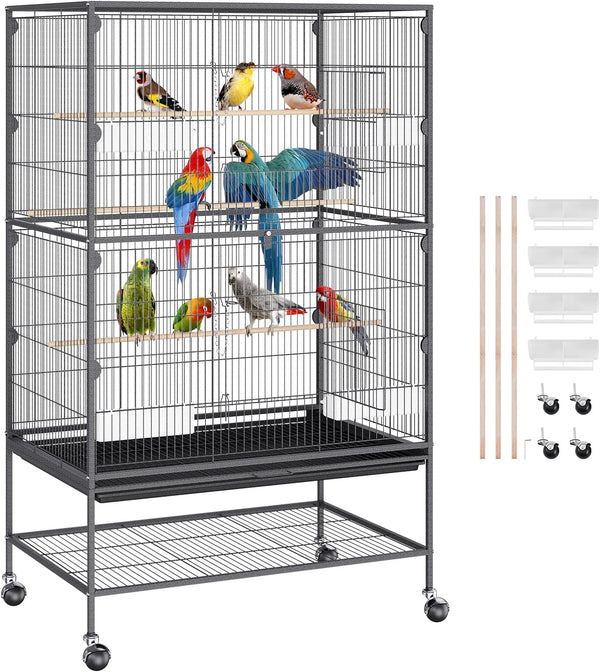 52 Inch Standing Large Bird Cage, Wrought Iron Flight Bird Cage with Rolling Stand and Slide Out Tray, Parakeet Cage Bird Cage for Parrots, Macaw, Cockatiels, Canary, Finch, Lovebirds, Pigeons