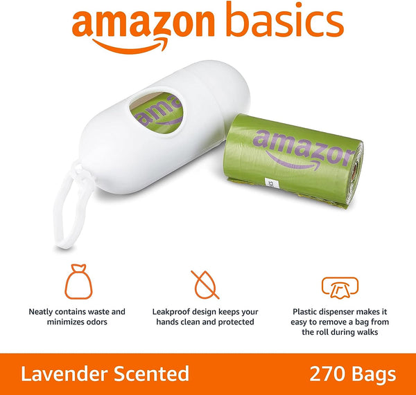 Dog Poop Bags with Dispenser and Leash Clip, Lavender Scented, 270 Count (18 Packs of 15), 13 Inch X 9 Inch