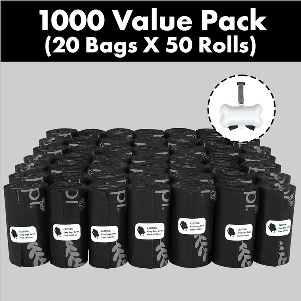 Dog Poop Waste Bags with Dispenser and Leash Tie, 9" X 13", Black, 1000 Count