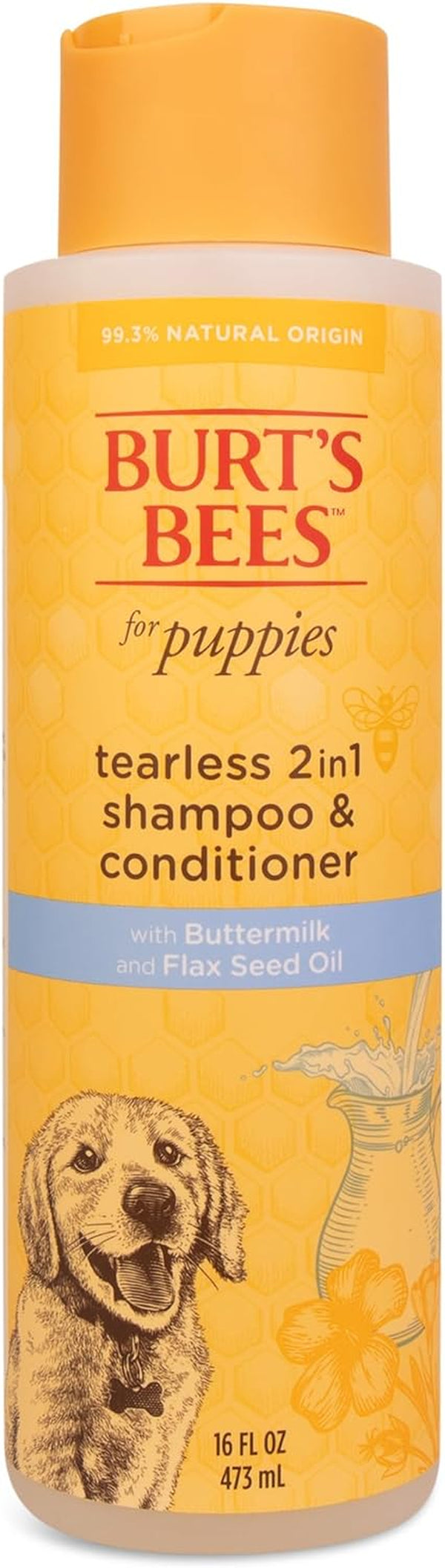 Puppies Naturally Derived Tearless 2 in 1 Shampoo and Conditioner - Made with Buttermilk and Linseed Oil - Best Tearless Puppy Shampoo for Gentle Skin, 16 Oz