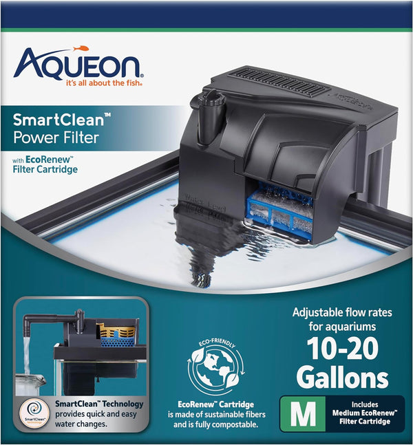 Aquarium Fish Tank Smartclean Power Filter with Ecorenew Filter Cartridge, 10-20 Gallons