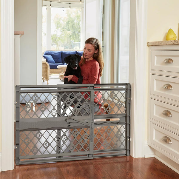 Paws Portable Pet Gate: 26-40" Wide. Pressure Mount. No Tools Needed. Made in USA. Dog Gate 23" Tall, Expandable, Durable Dog Gates for Doorways, Fieldstone Gray